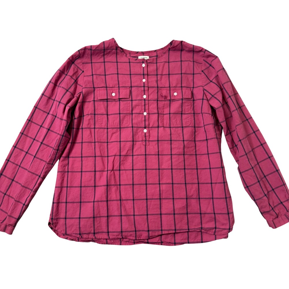 LL Bean Popover Shirt Windowpane Plaid Collarless Henley Womens L Cotton